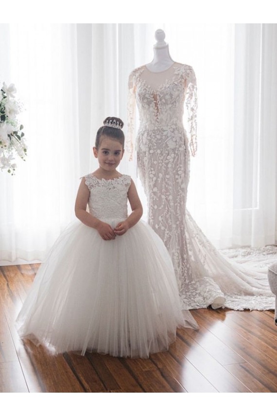 Tulle & Lace Bateau Neckline Chapel Train Sleeveless Flower Girl Dress Southampton