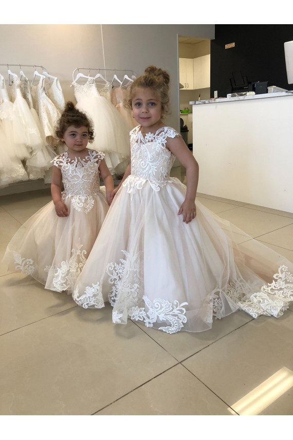 V-Back Tulle & Lace Bateau Neck Chapel Train Sleeveless Little Flower Girl Dress Southampton