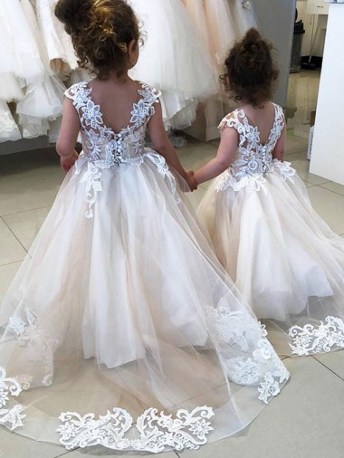 V-Back Tulle & Lace Bateau Neck Chapel Train Sleeveless Little Flower Girl Dress Southampton