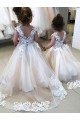 V-Back Tulle & Lace Bateau Neck Chapel Train Sleeveless Little Flower Girl Dress Southampton