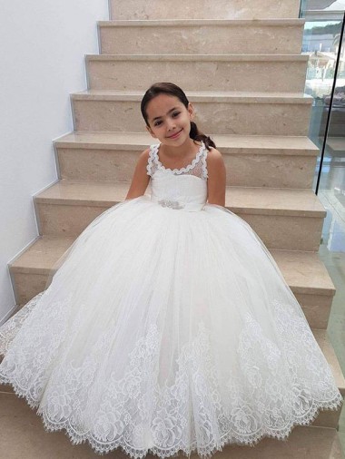 Keyhole Back Tulle & Lace High Neck Long Sleeveless Flower Girl Dress for Wedding Southampton