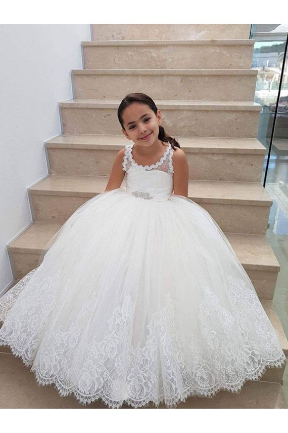 Keyhole Back Tulle & Lace High Neck Long Sleeveless Flower Girl Dress for Wedding Southampton