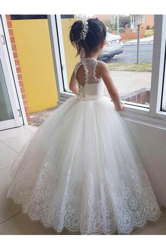 Keyhole Back Tulle & Lace High Neck Long Sleeveless Flower Girl Dress for Wedding Southampton