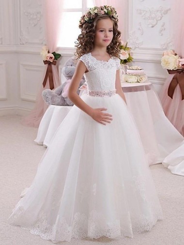Keyhole Back Tulle & Lace High Neck Long Cap Sleeves Flower Girl Dress Southampton