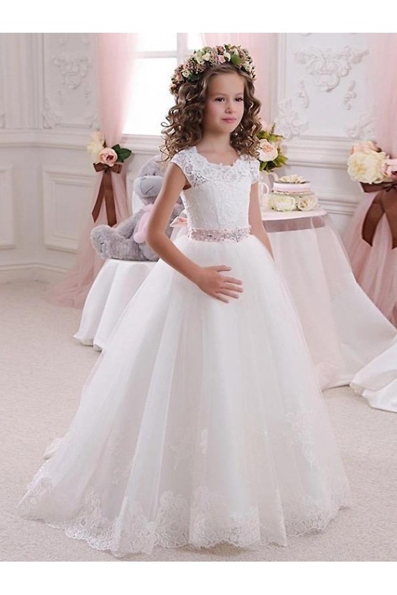 Keyhole Back Tulle & Lace High Neck Long Cap Sleeves Flower Girl Dress Southampton