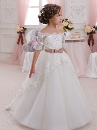 Keyhole Back Tulle & Lace High Neck Short Sleeves Long Flower Girl Dresses Southampton
