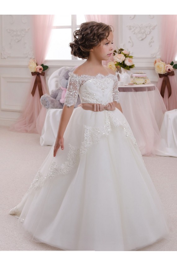 Keyhole Back Tulle & Lace High Neck Short Sleeves Long Flower Girl Dresses Southampton
