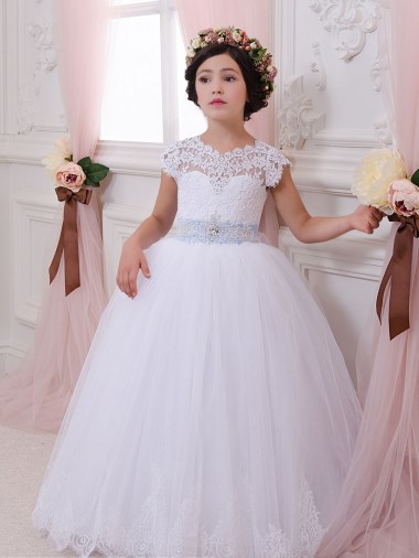 Tulle & Lace Sweetheart Chapel Train Cap Sleeves Flower Girl Dresses Southampton