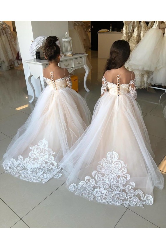 Tulle & Lace Sweetheart Chapel Train Long Sleeves Little Flower Girl Dress Southampton