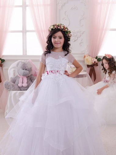 Tulle & Lace Sweetheart Short Sleeves Long Little Flower Girl Dress Southampton