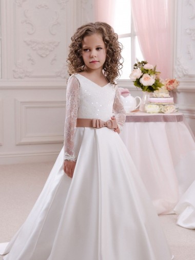 Satin & Lace V-Neck Chapel Train Long Sleeves Flower Girl Dress Southampton