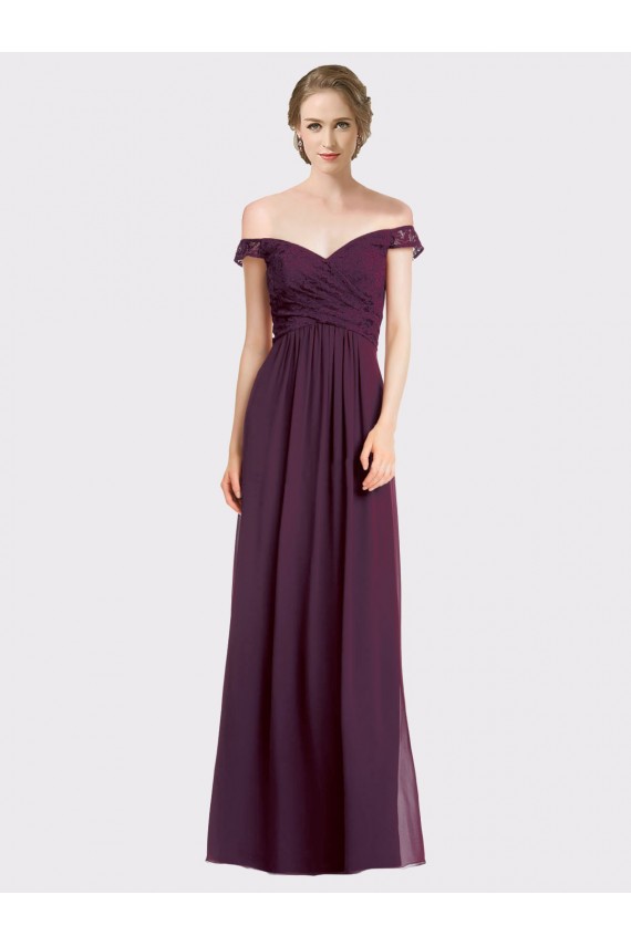 Low Back Grape Soft Chiffon & Lace Off the Shoulder Long Sleeveless Bridesmaid Dress Southampton