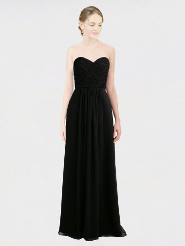 Low Back Black Soft Chiffon & Lace Sweetheart Long Sleeveless Bridesmaid Dress Southampton