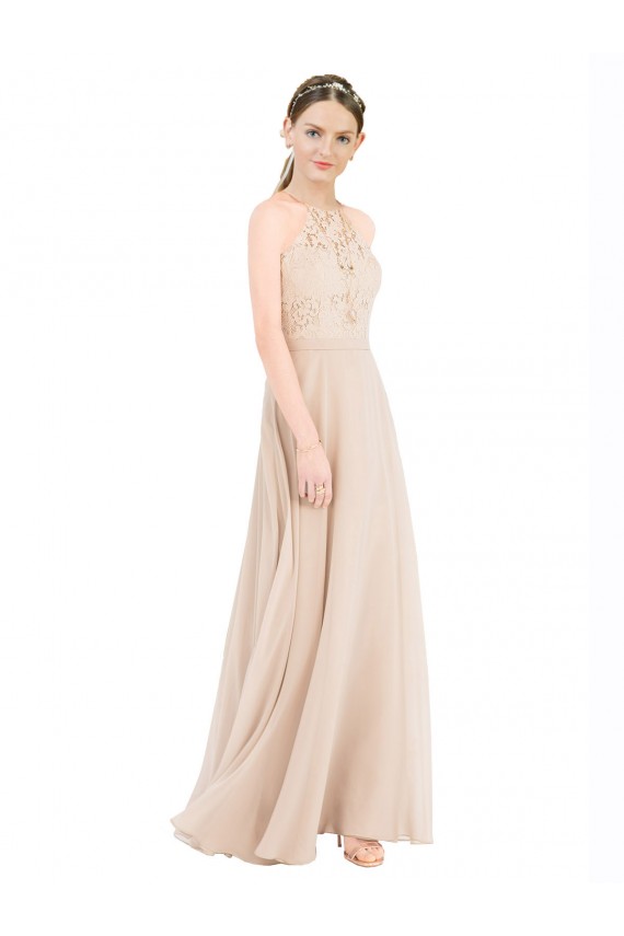 Keyhole Back Soft Chiffon & Lace Halter Neck Long Sleeveless Prom Dress / Bridesmaid Dress Southampton