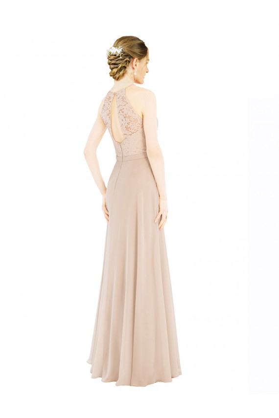 Keyhole Back Soft Chiffon & Lace Halter Neck Long Sleeveless Prom Dress / Bridesmaid Dress Southampton