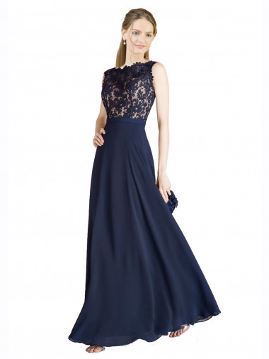 V-Back Soft Chiffon & Lace Illusion Neck Long Sleeveless Prom Dress / Bridesmaid Dress Southampton