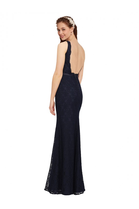 Open Back Dark Navy Lace V-Neck Long Sleeveless Bridesmaid Dress Southampton
