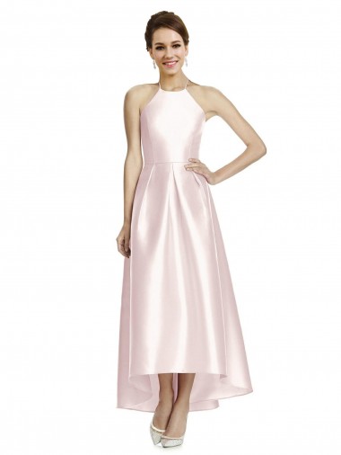 Open Back Satin Spaghetti Straps Long Sleeveless High Low Bridesmaid Dress Southampton