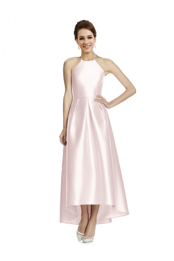Open Back Satin Spaghetti Straps Long Sleeveless High Low Bridesmaid Dress Southampton