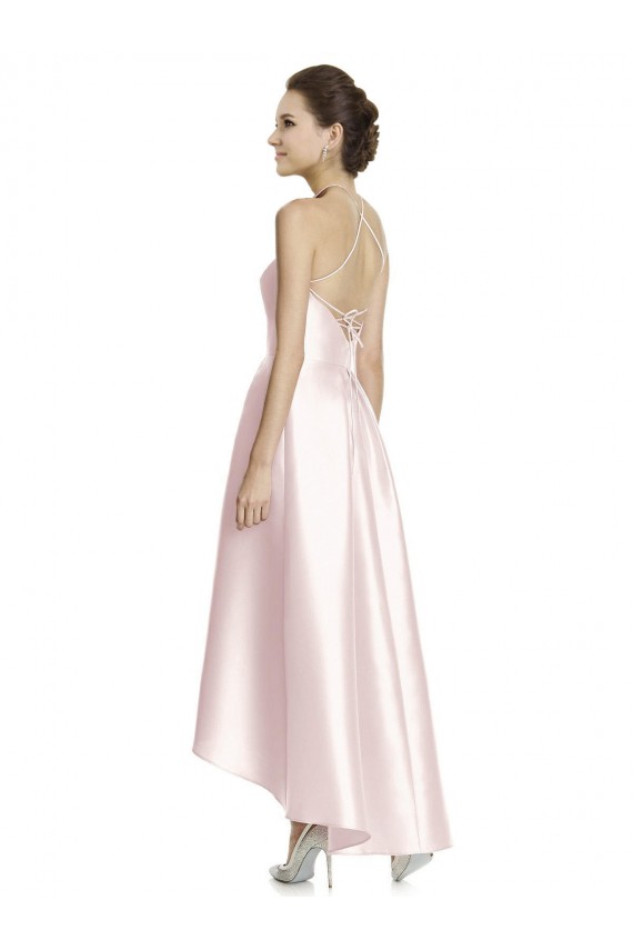 Open Back Satin Spaghetti Straps Long Sleeveless High Low Bridesmaid Dress Southampton