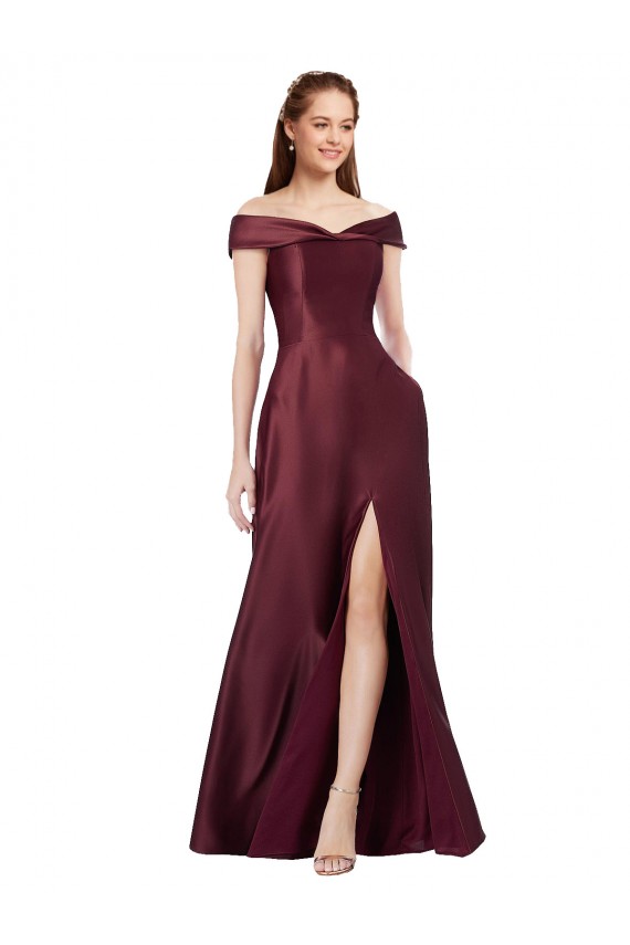 Satin Off the Shoulder Long Cap Sleeves Black Tie Evening Gown / Prom Dress / Bridesmaid Dress Southampton