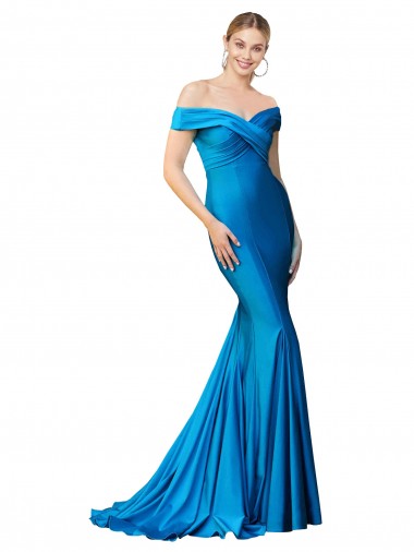 Peacock Blue Satin Off the Shoulder Long Sleeveless Formal Evening Gown / Prom Dress / Bridesmaid Dress Southampton