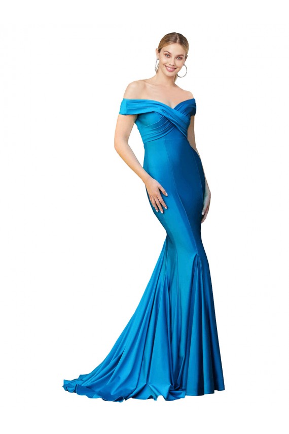 Peacock Blue Satin Off the Shoulder Long Sleeveless Formal Evening Gown / Prom Dress / Bridesmaid Dress Southampton