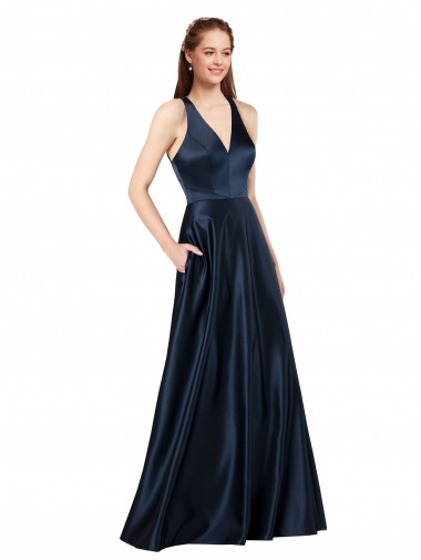 Keyhole Back Satin V-Neck Long Sleeveless Formal Evening Gown / Prom Dress / Bridesmaid Dress Southampton