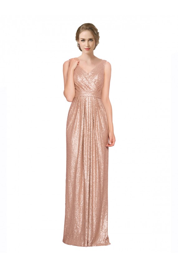 Rose Gold Sequin V-Neck Long Sleeveless Bridesmaid Dress / Evening Dress Southampton
