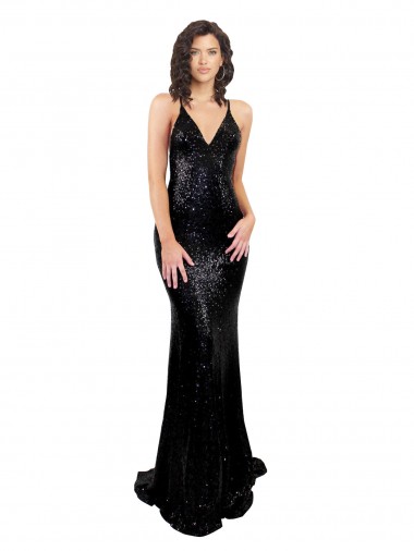 Open Back Sequin V-Neck Long Sleeveless Black Tie Evening Gown / Prom Dress / Bridesmaid Dress Southampton