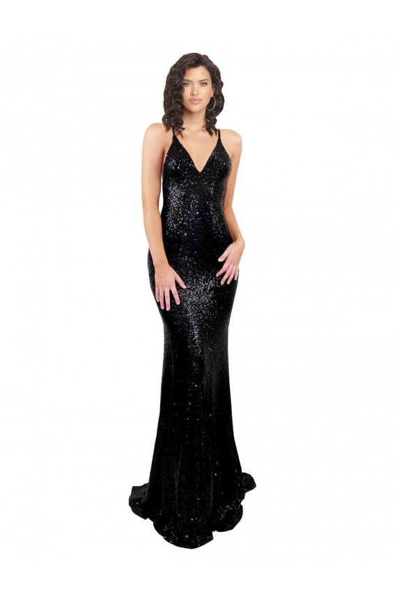 Open Back Sequin V-Neck Long Sleeveless Black Tie Evening Gown / Prom Dress / Bridesmaid Dress Southampton