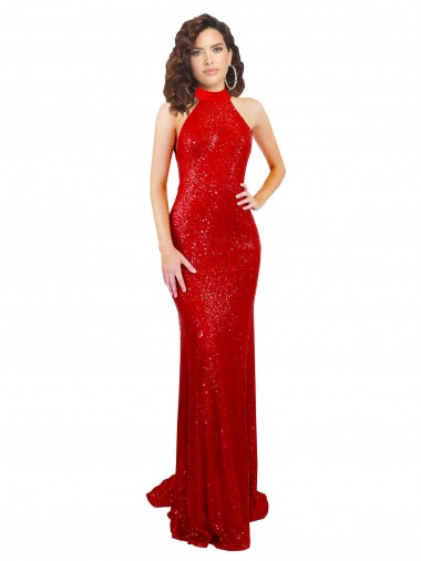 Open Back Red Sequin Halter Neck Long Sleeveless Formal Evening Gown / Prom Dress / Bridesmaid Dress Southampton