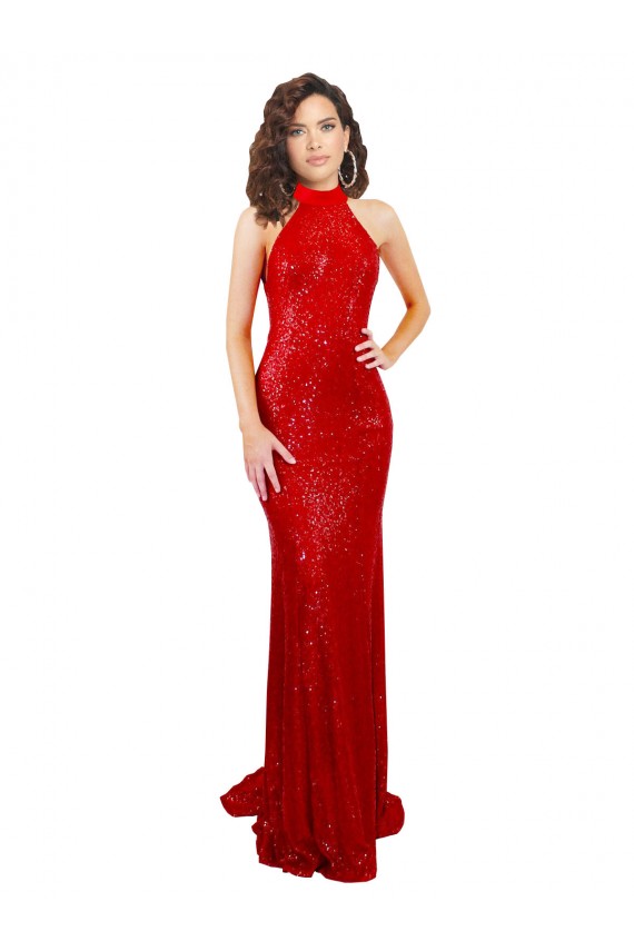 Open Back Red Sequin Halter Neck Long Sleeveless Formal Evening Gown / Prom Dress / Bridesmaid Dress Southampton