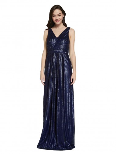 V-Back Dark Navy Sequin V-Neck Long Sleeveless Formal Evening Gown / Prom Dress / Bridesmaid Dress Southampton