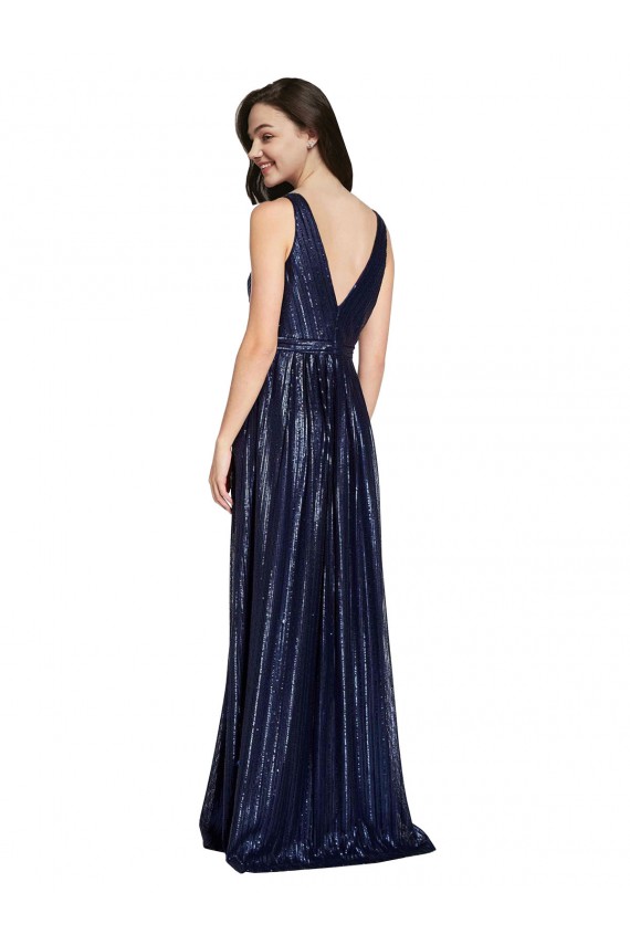 V-Back Dark Navy Sequin V-Neck Long Sleeveless Formal Evening Gown / Prom Dress / Bridesmaid Dress Southampton