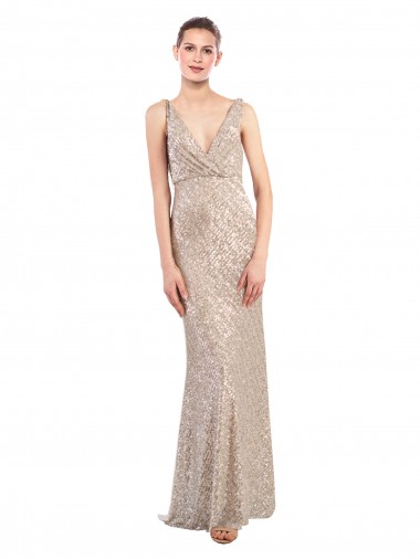V-Back Silver Sequin & Sparkling Sequin V-Neck Long Sleeveless Formal Evening Gown / Prom Dress / Bridesmaid Dress Southampton