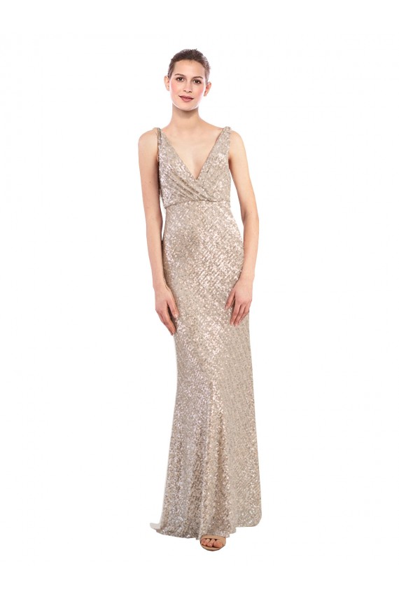V-Back Silver Sequin & Sparkling Sequin V-Neck Long Sleeveless Formal Evening Gown / Prom Dress / Bridesmaid Dress Southampton