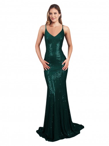 Low Back Dark Green Sequin V-Neck Long Sleeveless Formal Evening Gown / Prom Dress / Bridesmaid Dress Southampton