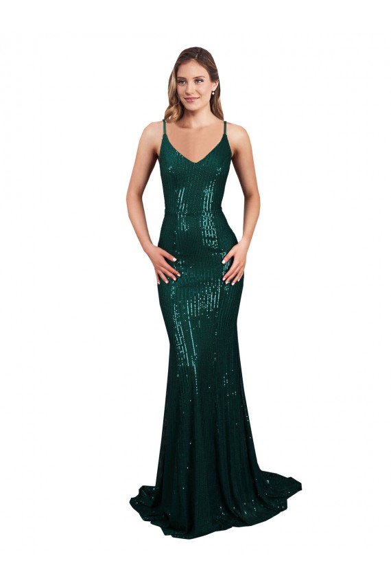 Low Back Dark Green Sequin V-Neck Long Sleeveless Formal Evening Gown / Prom Dress / Bridesmaid Dress Southampton