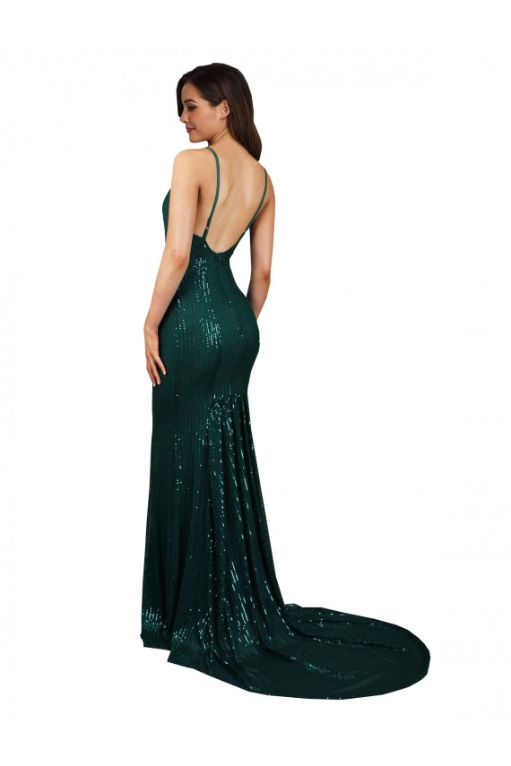 Low Back Dark Green Sequin V-Neck Long Sleeveless Formal Evening Gown / Prom Dress / Bridesmaid Dress Southampton