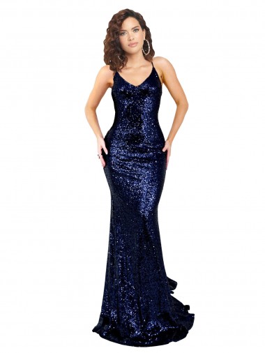 Open Back Dark Navy Sequin V-Neck Long Sleeveless Formal Evening Gown / Prom Dress / Bridesmaid Dress Southampton