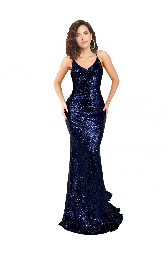 Open Back Dark Navy Sequin V-Neck Long Sleeveless Formal Evening Gown / Prom Dress / Bridesmaid Dress Southampton