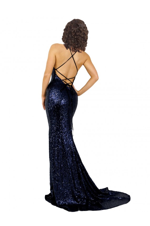 Open Back Dark Navy Sequin V-Neck Long Sleeveless Formal Evening Gown / Prom Dress / Bridesmaid Dress Southampton