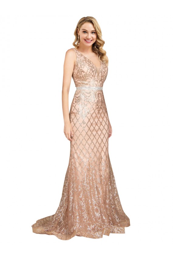 V-Back Sequin & Sparkling Sequin V-Neck Long Sleeveless Formal Plus Size Evening Gown / Prom Dress / Bridesmaid Dress Southampton