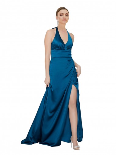 Open Back Peacock Blue Silk like Satin Halter Neck Long Sleeveless Formal Evening Gown / Prom Dress / Bridesmaid Dress Southampton