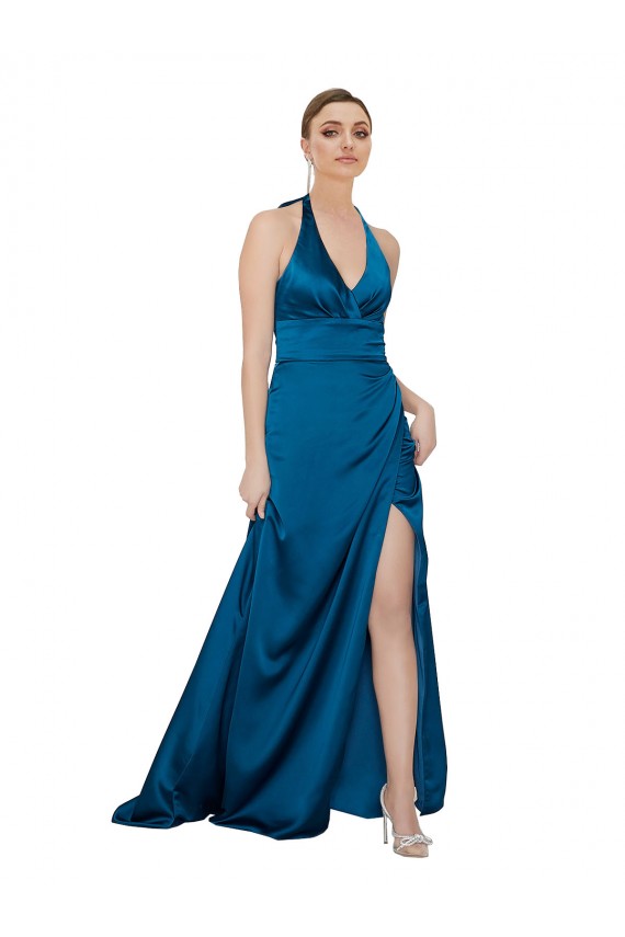 Open Back Peacock Blue Silk like Satin Halter Neck Long Sleeveless Formal Evening Gown / Prom Dress / Bridesmaid Dress Southampton