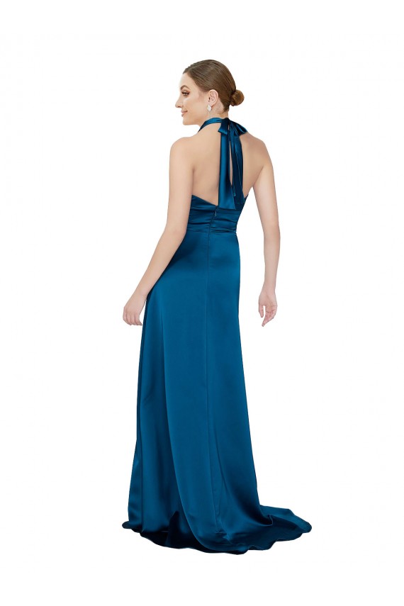 Open Back Peacock Blue Silk like Satin Halter Neck Long Sleeveless Formal Evening Gown / Prom Dress / Bridesmaid Dress Southampton