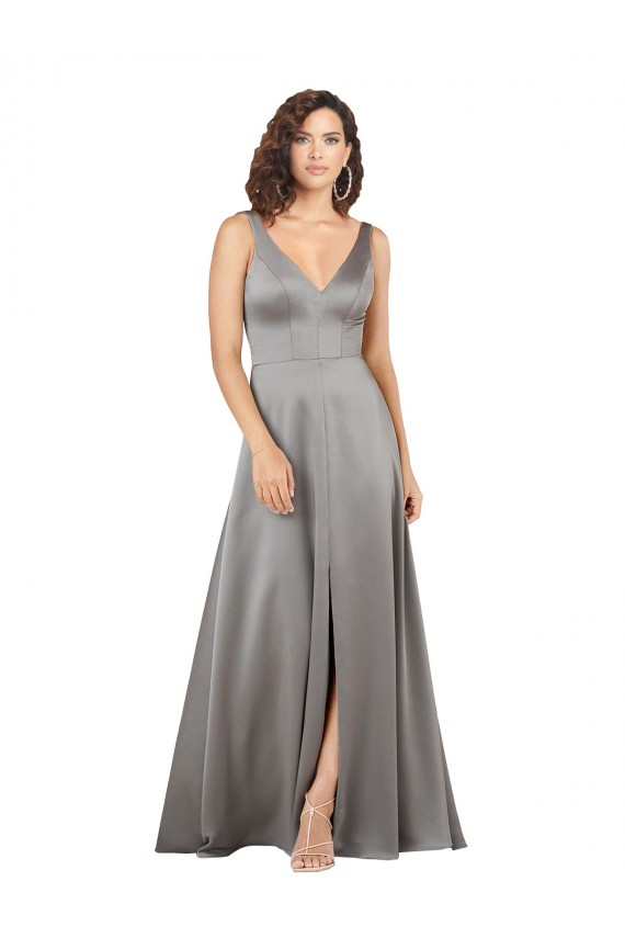Pearl Grey Silk like Satin V-Neck Long Sleeveless Formal Evening Gown / Prom Dress / Bridesmaid Dress Southampton