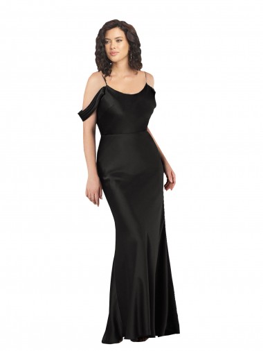 Low Back Black Silk like Satin Off the Shoulder Long Sleeveless Formal Dress / Bridesmaid Dress Southampton