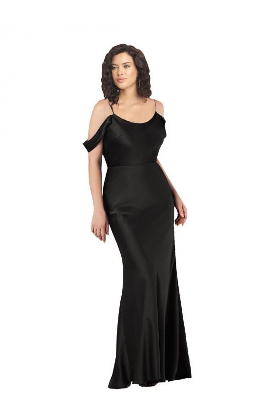 Low Back Black Silk like Satin Off the Shoulder Long Sleeveless Formal Dress / Bridesmaid Dress Southampton